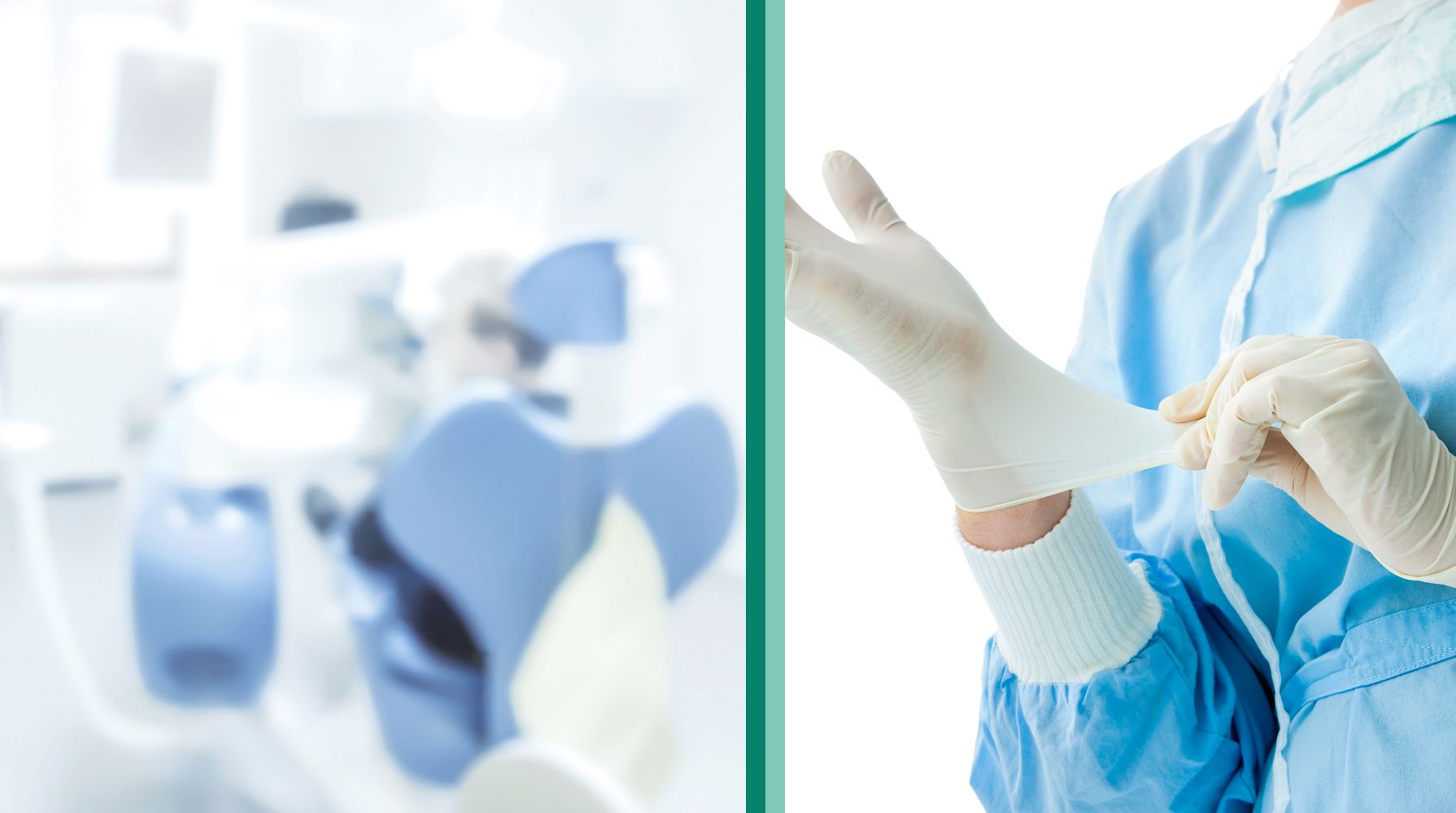 Eine Mitarbeiterin des Gesundheitswesens in blauem Kittel zieht einen medizinischen Handschuh an, im Hintergrund ist eine unscharfe Praxis