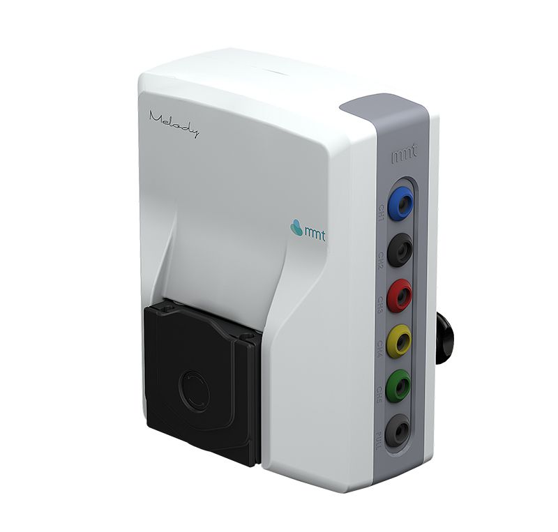 Ein kompaktes weißes medizinisches Gerät mit der Bezeichnung Melody mit mehreren farbcodierten Anschlussmöglichkeiten