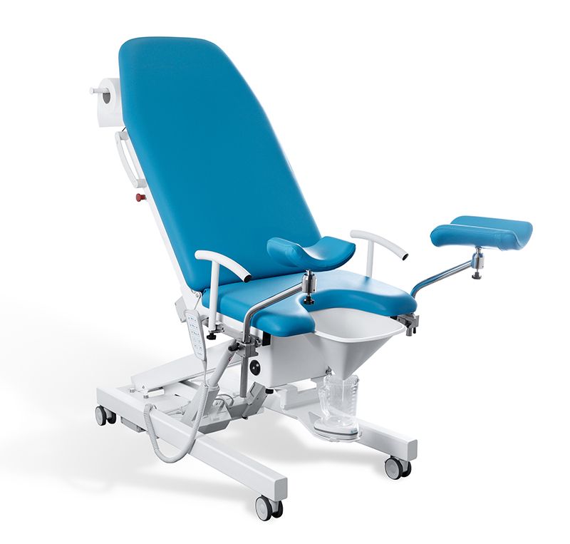 Medizinischer Untersuchungsstuhl mit blauem, gepolstertem Sitz, verstellbarer Rückenlehne, Armlehnen und eingebautem Auffangbehälter