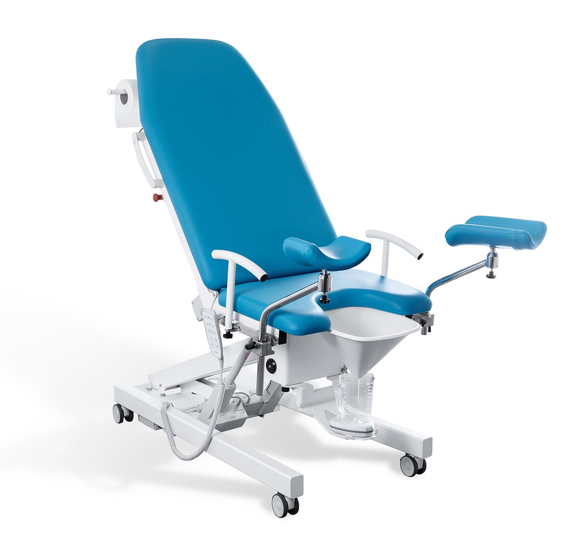 Medizinischer Untersuchungsstuhl mit blauem, gepolstertem Sitz, verstellbarer Rückenlehne, Armlehnen und eingebautem Auffangbehälter